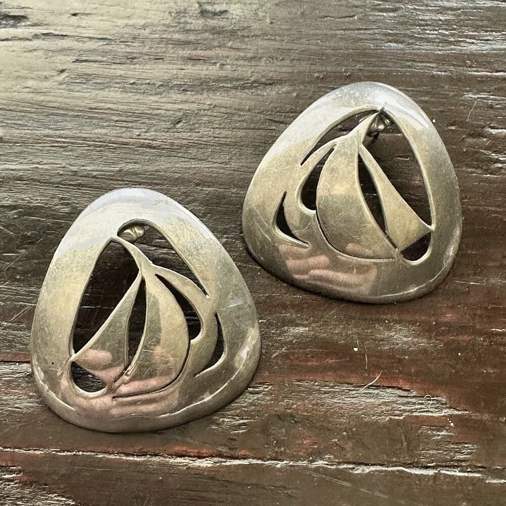 Modernist Sterling Silver Sailboat Earrings Pierced Signed